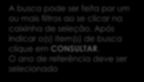 Consulta a turmas já cadastradas A busca pode ser feita por um ou mais filtros ao se clicar na caixinha de seleção. Após indicar o(s) item(s) de busca clique em CONSULTAR.