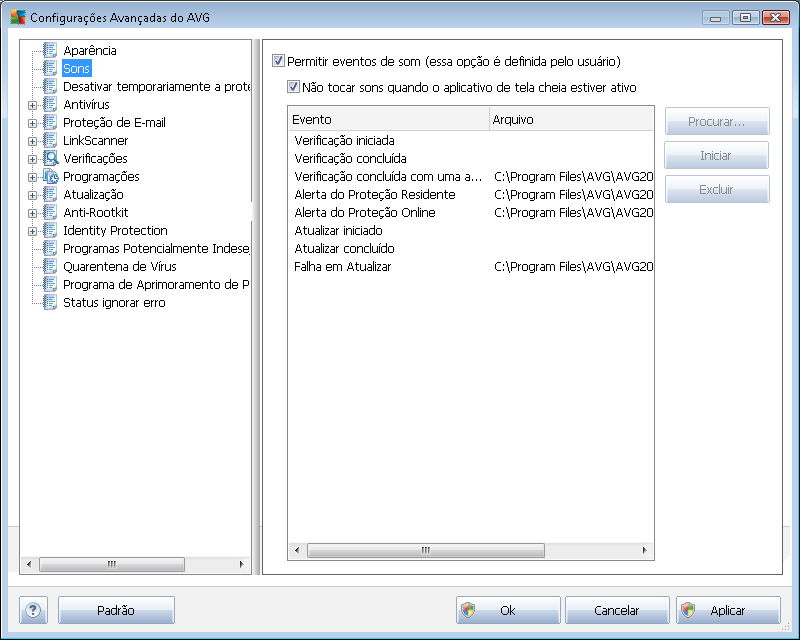 9.2. Sons Na caixa de diálogo Sons, é possível especificar se deseja receber informações sobre ações especificas do AVG Antivírus 2012 por meio de uma notificação sonora: As configurações são válidas