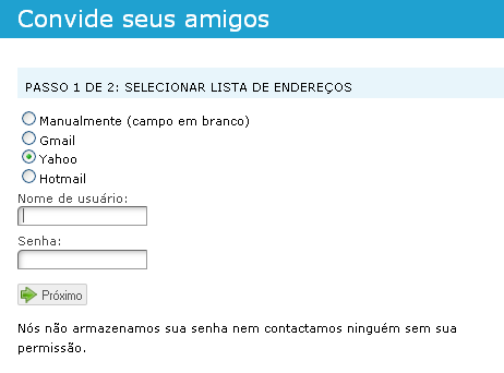 Convidar contatos de e-mail para entrar no Cirandas Se nossa seleção foi Gmail, Yahoo ou Hotmail, preenchemos Nome de Usuário e Senha