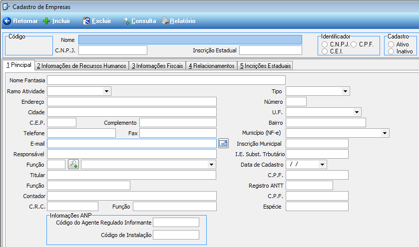 3.4.1 PRINCIPAL Na seção Principal do Cadastro de Empresa são colocadas todas as informações de identificação da empresa inclusive as pessoas responsáveis pela empresa, os números dos documentos