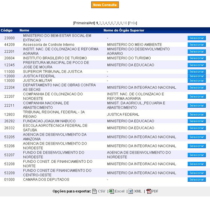 56 O sistema disponibilizará o código, o nome, o nome do órgão superior e o botão Selecionar, ou seja, todos os órgãos que tenham programas disponibilizados.