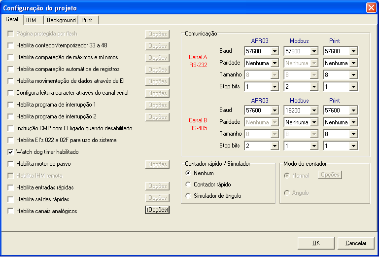 1) Configuração do COMBO EXPERT DX: No menu superior, localizado na janela principal do WINSUP2, selecionar Projeto, Configurar.