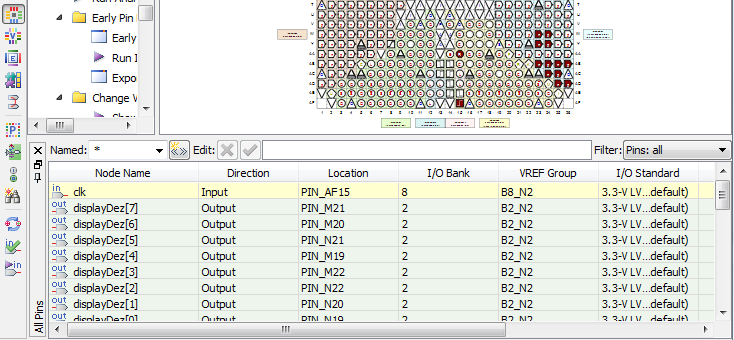 Quartus II Pin Planner Exibe a legenda dos pinos Nome do terminal no código HDL Pino associado no FPGA Padrão