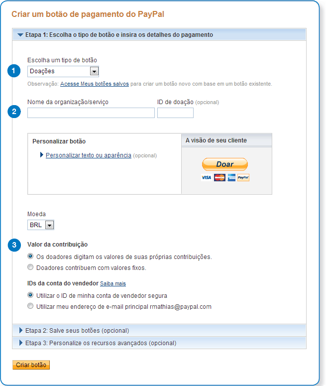 Passo 5 Página Criar um botão de pagamento do PayPal Os campos-chave do botão "Doar" são autoexplicativos e podem ser vistos na imagem abaixo.