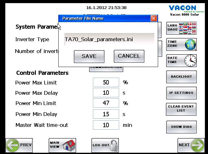 vacon 62 INTERFACES DE CONTROLE Pressionar o botão Salvar parâmetros para a USB abrirá um menu suspenso para a escolha do nome do arquivo de parâmetros a ser salvo no cartão de memória USB.