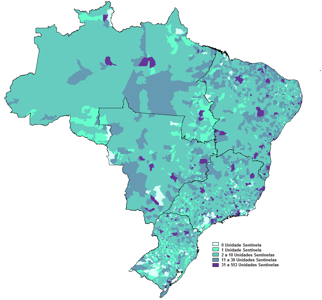 Número de unidades sentinelas com MDDA implantada segundo município, UF e Região. Brasil, 213.