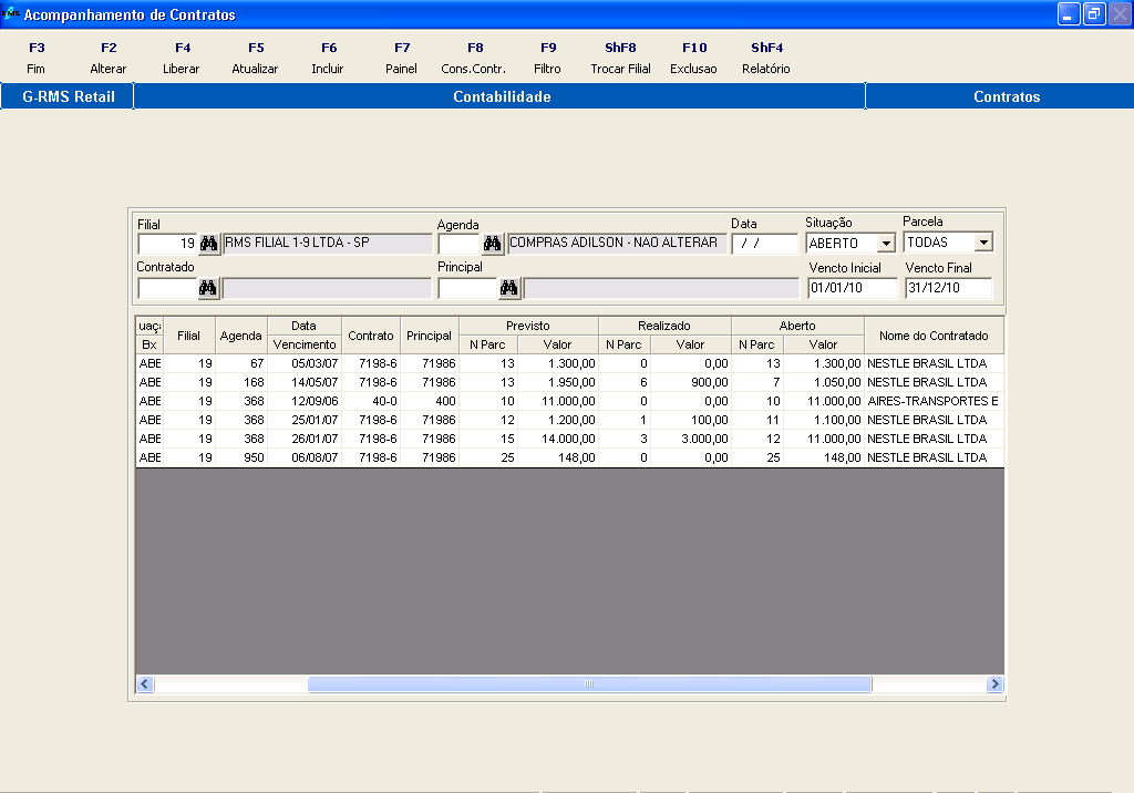 Campos da tela: Filial: Código da Loja responsável pelos vencimentos. Agenda: Código de Acesso da Agenda determinante do Vencimento. Data: Data do Vencimento. Situação: Situação do Vencimento: Todos.