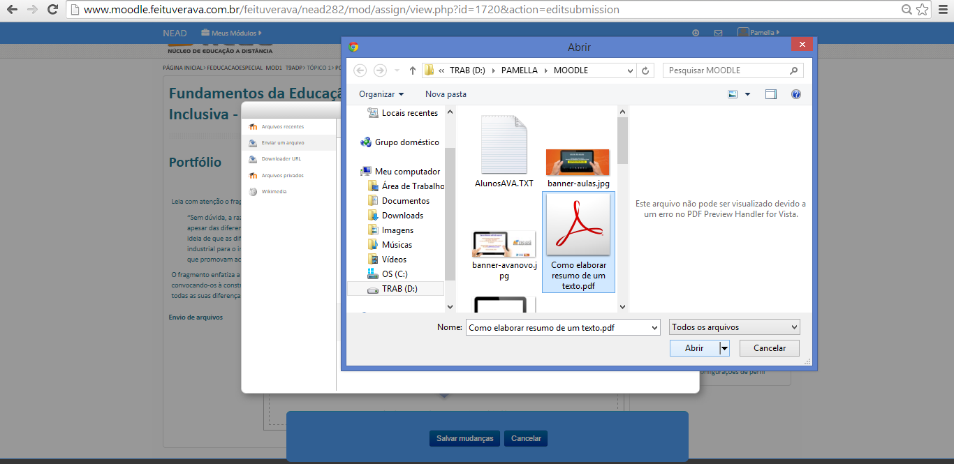 Clique no botão Escolher arquivo, e procure o arquivo no seu computador, no local onde você salvou.