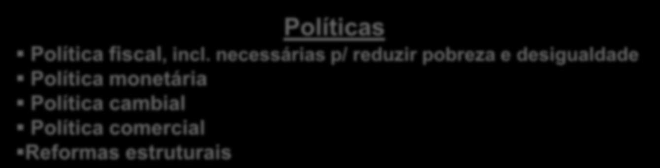 Estratégias para o crescimento inclusivo Elementos Crescimento sustentado Transformação estrutural Emprego produtivo Igualdade de oportunidades Redução significativa da pobreza Oportunidades Acesso