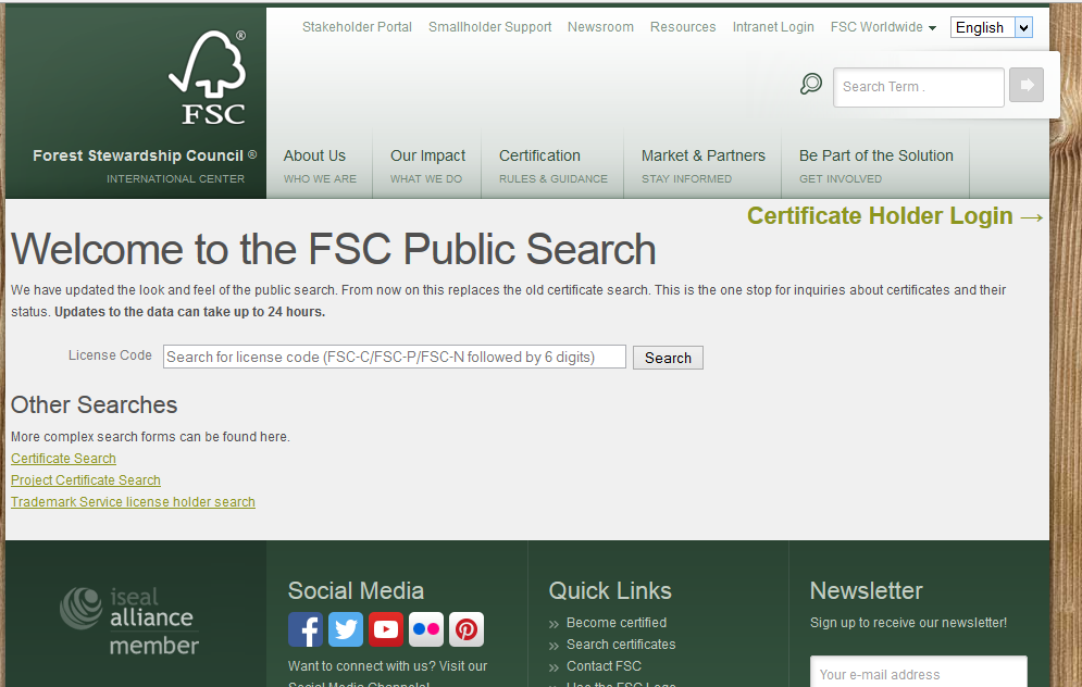 O novo visual da página de consulta segue abaixo: Acessando ao info.fsc.org você será direcionado a uma primeira página de consulta.