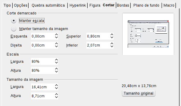 Para iniciar o corte da imagem, clique com o botão direito do mouse sobre ela e selecione Figura do menu de contexto. Na caixa de diálogo Imagem, selecione a página Cortar.