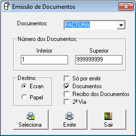 5.4.Emissão de Documento Possibilidade de emitir os documentos por limites. Documentos Selecção do tipo de documento a emitir.