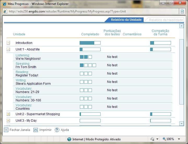 Verificar seu progresso em cada unidade clique em para visualizar sua evolução nas diferentes habilidades que compõem esta unidade.