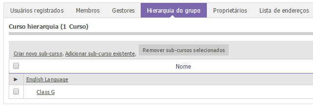 Para criar um novo sub curso: 1. Na aba de Hierarquia de Grupo, clique em Criar Novo Sub Curso. 2. Na tela de Criar Novo Curso, entre detalhes que são específicos do sub curso.