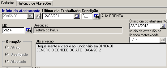 PÁGINA: 17/69 4.4.3. Cadastro de Afastamento Ao receber um Atestado de Afastamento, preencher os dados conforme modelos abaixo: Auxílio Doença/ Acidente de Trabalho.