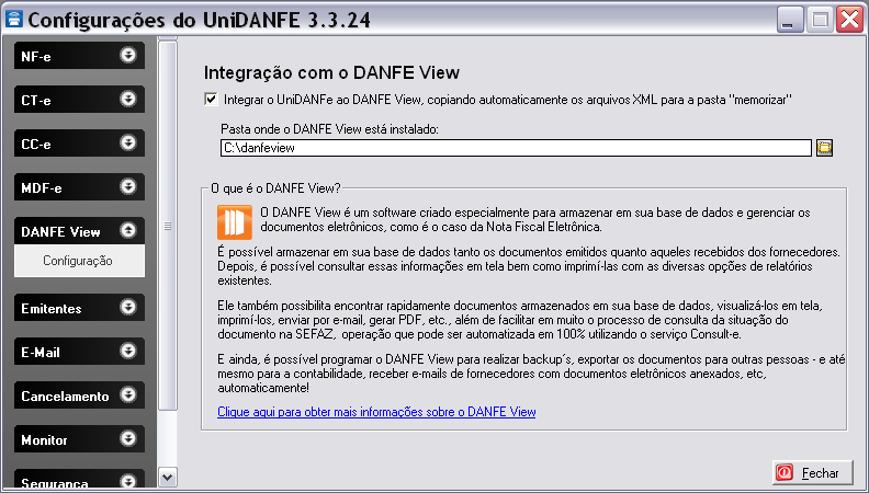 Seção DANFE View Exibe as informações de integração do UniDANFE ao software de gerenciamento de documentos eletrônicos DANFE View, da Unimake.