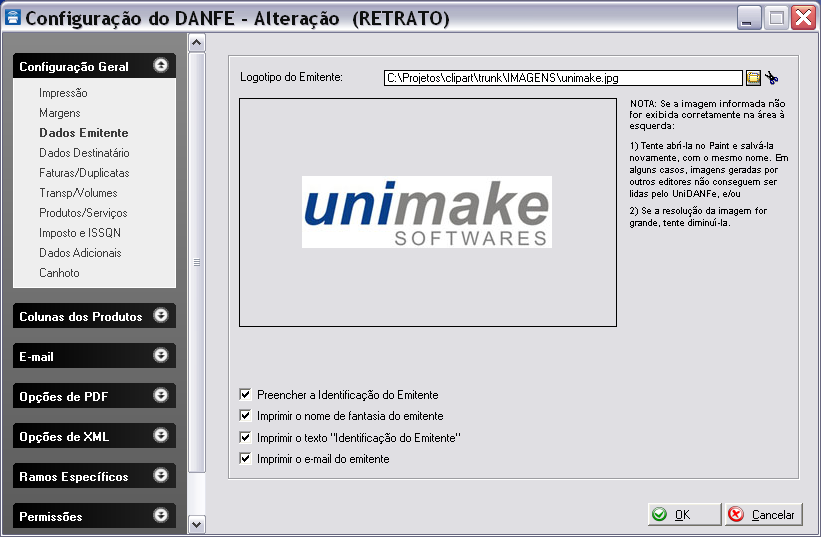Opção Dados Emitente Logotipo do Emitente Imagem com a logomarca do emitente, que deverá ser impressa no DANFE, no quadro Identificação do Emitente.
