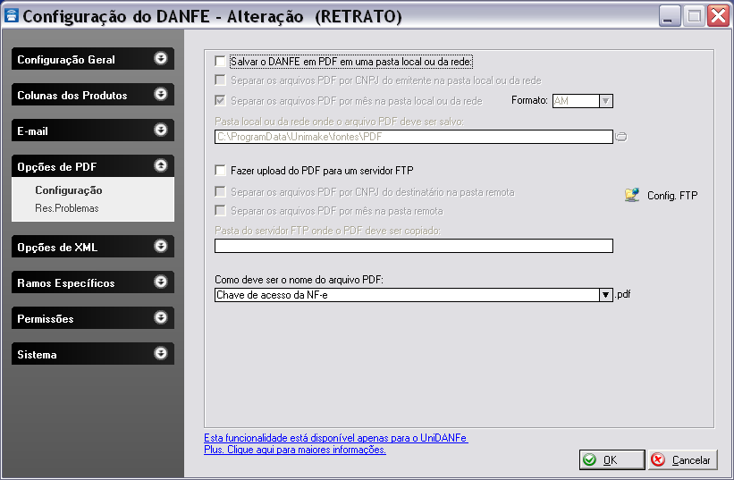Grupo Opções de PDF Através deste grupo é possível configurar o UniDANFE a gerar cópia do DANFE em formato PDF, além de o instruir a efetuar backup s desses arquivos PDF para uma pasta local ou da
