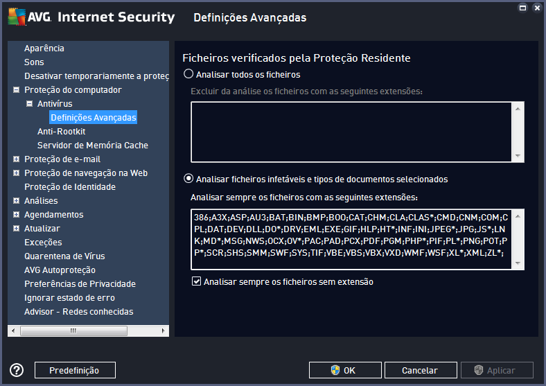 Na janela Ficheiros verificados pela Proteção Residente é possível configurar os ficheiros a analisar (por extensões específicas): Marque a caixa respetiva para decidir se pretende Analisar todos os
