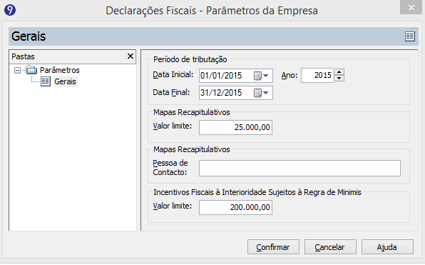 10. Configuração dos Períodos de Tributação e Valor Limite No contexto da IES - Declaração Anual (Anexos O e P) pode ser necessário definir o Valor Limite para Recapitulativos bem como o respetivo