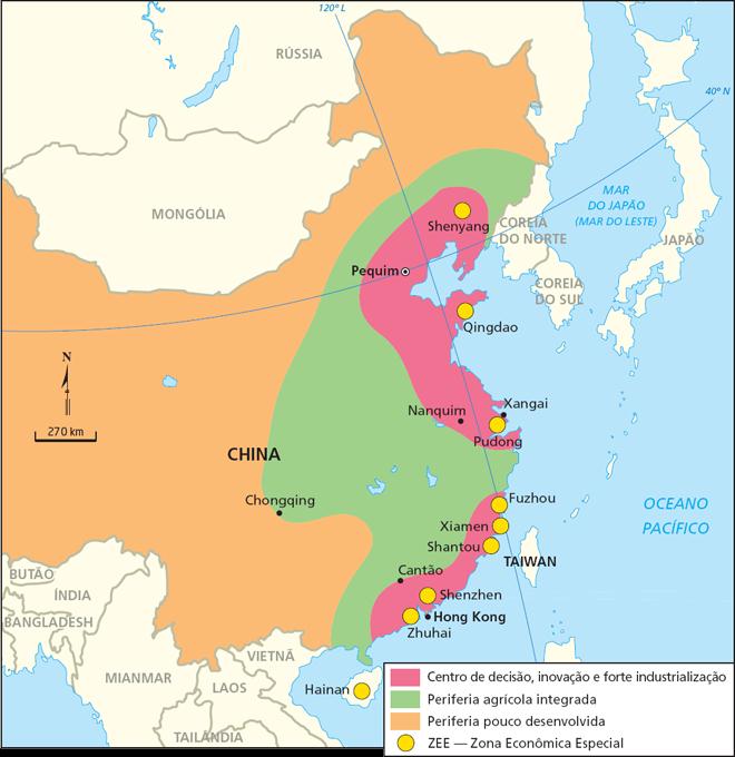1980- Características das Zonas Econômicas Especiais; Abertura econômica da costa Leste; Vai de Sheyang próximo da Coréia do Norte a Zhurai próximo a Hong Kong; Proximidade com os portos e Japão;