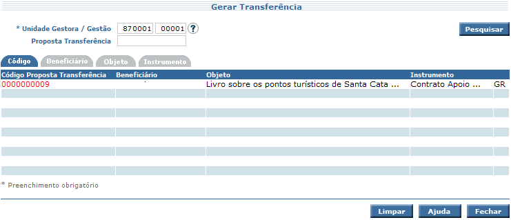 Antes de gerar a Transferência recomenda-se que o concedente verifique a situação do proponente, pois, caso exista alguma pendência a mesma só será verificada no momento em que o concedente clicar no