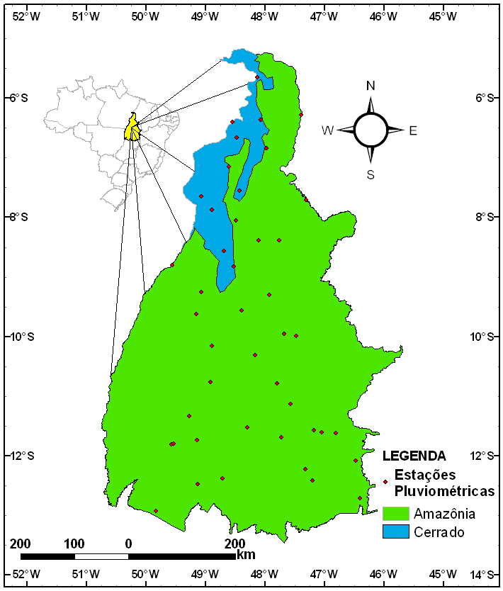 Figura 1 - Localização das estações pluviométricas utilizadas no estudo e os biomas (Cerrado e