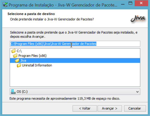 5.4 Instalar o gerenciador na pasta c:\jiva e clicar em Avançar.