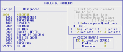 1.3.2- TABELA DE FAMÍLIAS CÓDIGO Campo com 6 dígitos para codificação da Família. É codificado no Ficheiro de Artigos para utilização nos Mapas de Existências e Apuramento Estatístico.