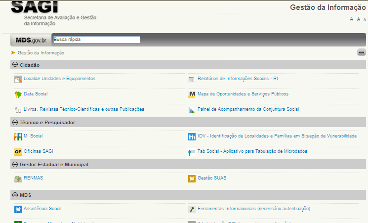 Visualização das ferramentas na página da SAGI/ MDS www.mds.gov.