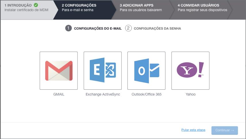 2.0 Configuração - e-mail Corporativo Ao terminar a configuração do ios ou escolher pular a etapa anterior, você será encaminhado para a tela abaixo que lhe permitirá, se desejar, adiantar a