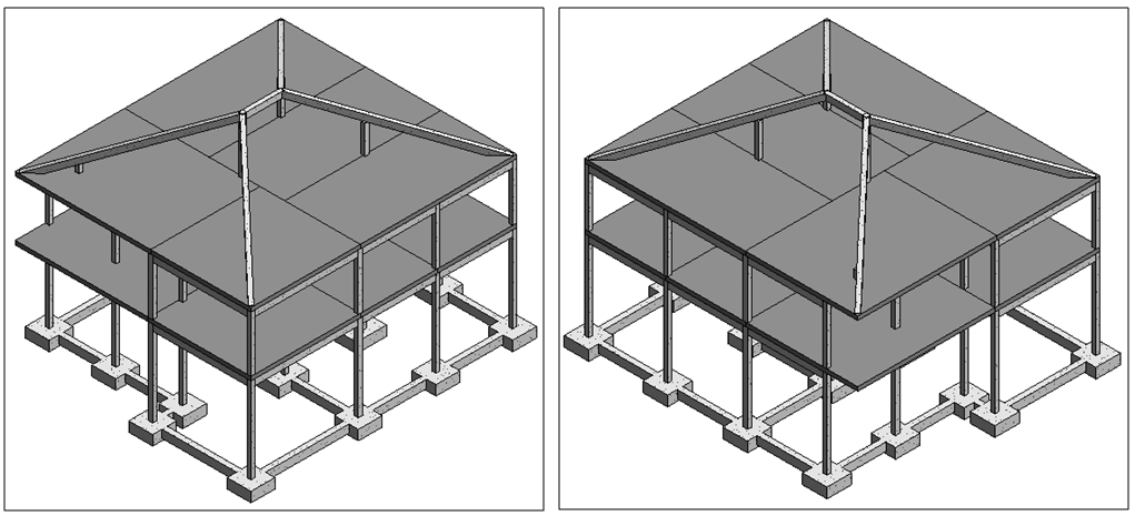 3.4.5 Modelo final da Estrutura Apresentam-se de seguida algumas projeções do modelo estrutural final. Figura 3.43 Vistas em perspetiva da componente estrutural da moradia 3.5 Modelo global Figura 3.