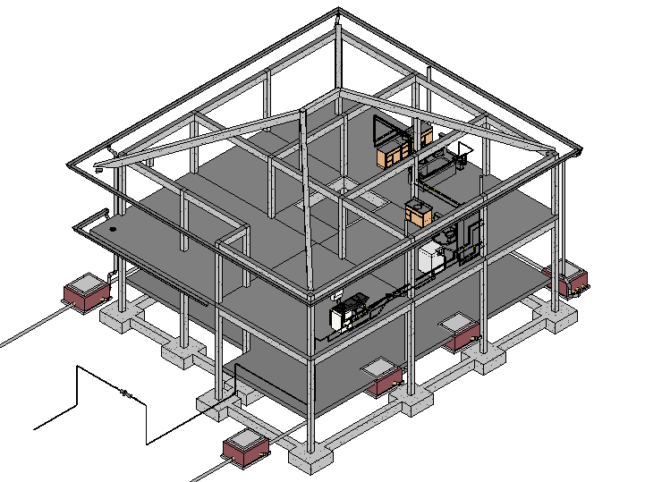 permitindo a visualização simultânea de todas as especialidades. A figura 5.8 ilustra as componentes de estruturas e de MEP visíveis num plano de coordenação 3D. Figura 5.