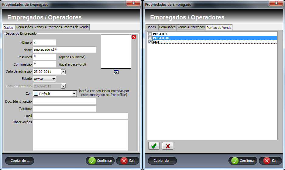 15 Por norma para facilitar o login do empregado através do comando X64 definimos a Password igual á do número de empregado. Se o empregado for o 2 a password vai ser 2 (Img. 27).