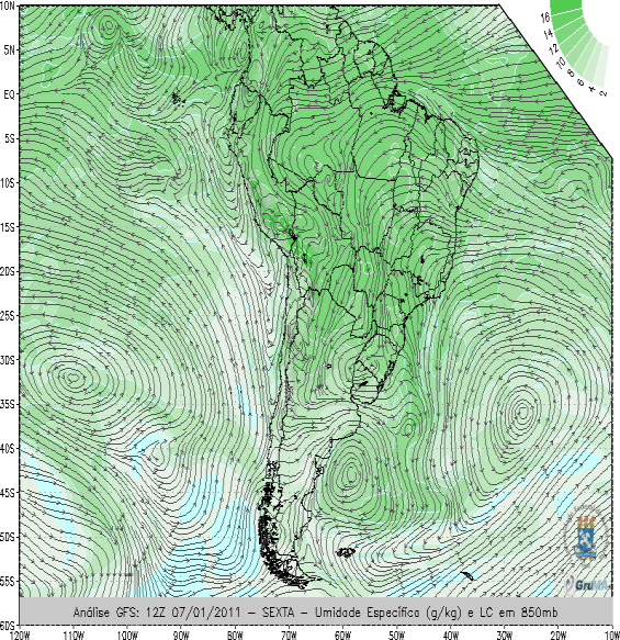 A B C D E F Figura 2: Sequência de imagens dos campos de baixos níveis obtidos para às 12Z nos dias estudados: 04/01/2011