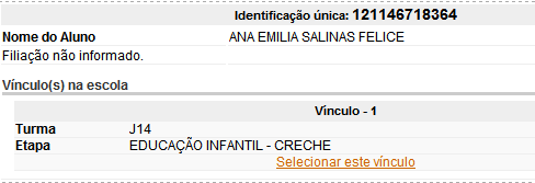 Informe os dados do aluno vinculado à escola por meio do preenchimento de um dos seguintes campos: ID do aluno; NIS do aluno; CPF do aluno; Pelo menos o primeiro nome e a primeira letra do segundo