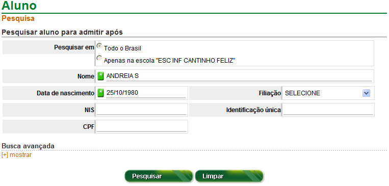 Lembre-se: A pesquisa é mais eficiente se for utilizado o campo ID do aluno. Apenas alunos com matrícula ativa em 2010, ou seja, vinculados em alguma escola, podem ser admitidos após o Censo.