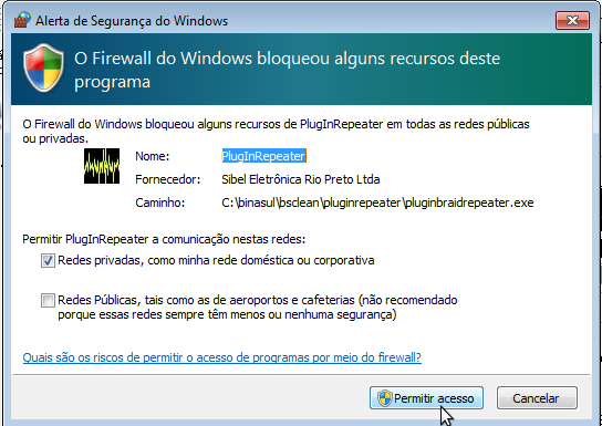 3) O sistema abrirá a tela de configuração do Plugin BraiD Repeater 4) O plugin pedirá permissão para acessos as redes, permita como na opção anterior.