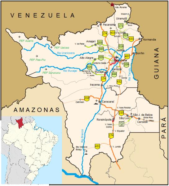 Roraima é o estado mais ao norte do Brasil, não está banhado por mar e apresenta fronteira com a Venezuela e com a Guiana Inglesa. É o estado com a menor população do país, com 469.