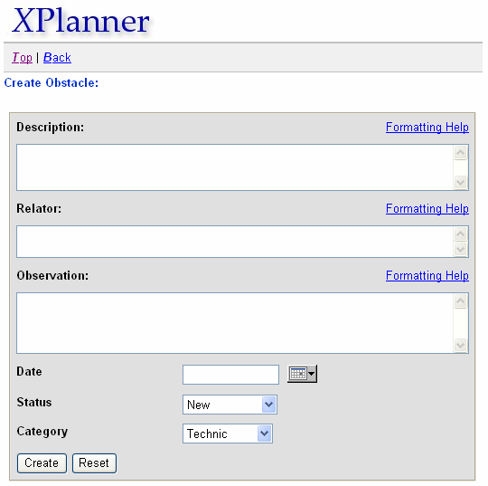 4.3. Funcionalidades personalizadas e desenvolvidas 85 Situação; Categoria. Justificativa: A ferramenta XPlanner não fazia nenhum tipo de controle sobre os obstáculos (impedimentos) do projeto.