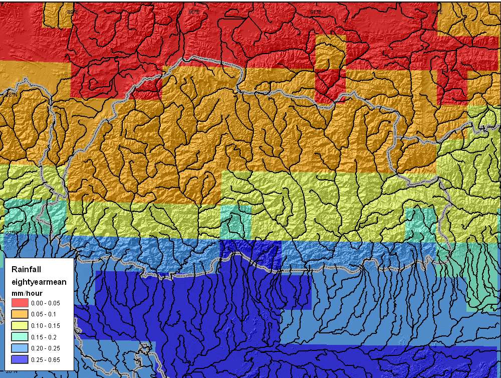 TRMM rainfall (1/4 o at 3-hour) intervals VIC requires P, Tmax, Tmin, W Monthly P : Univ Delaware gridded, adjusted for gauge under catch, and orography Tmax,min: CRU East Anglia W: NCEP-NCAR