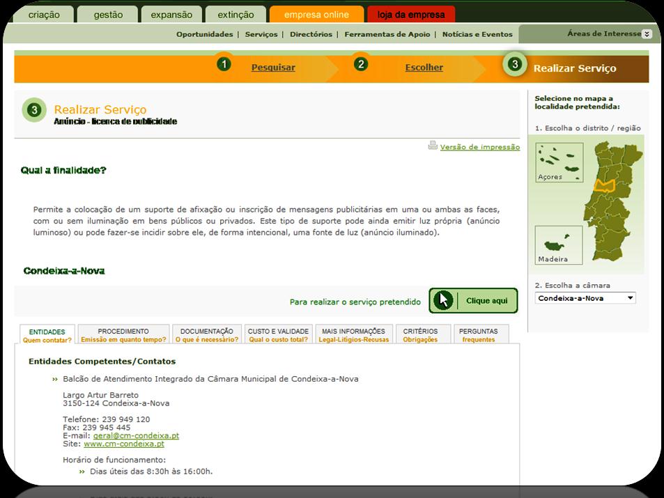 Frontoffice do Balcão do Empreendedor Ficha de serviço Área que apresenta toda a
