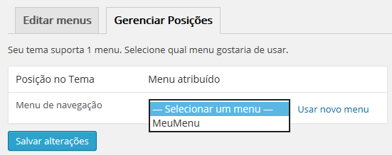 3.7.3 Menus: Podemos criar menus personalizados em nosso site. Clique em Menus. Clique em crie um novo menu. Defina um nome (MeuMenu, por exemplo) e clique em Criar Menu.