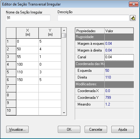 Propriedades Especiais Manual do SWMM Brasil 224 Figura C.30 Editor de Seção Transversal Irregular > Nome. Nome atribuído à sessão transversal irregular > Descrição.