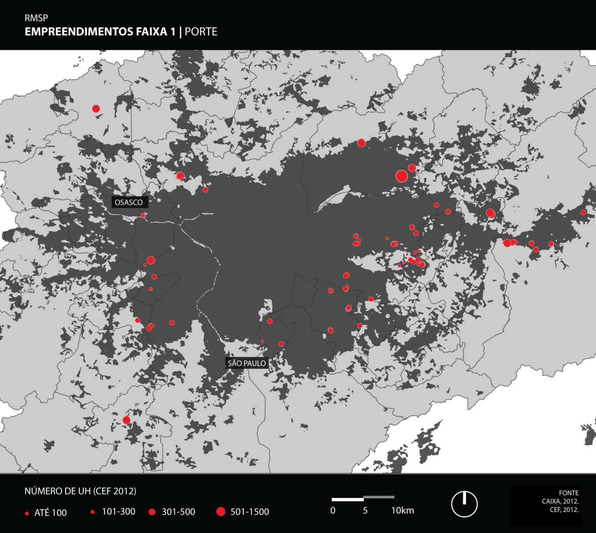 Mapa 3 Empreendimentos de Faixa 1 na Região Metropolitana de São Paulo segundo o porte (em unidades habitacionais) No caso da RMC, pode-se notar que quase