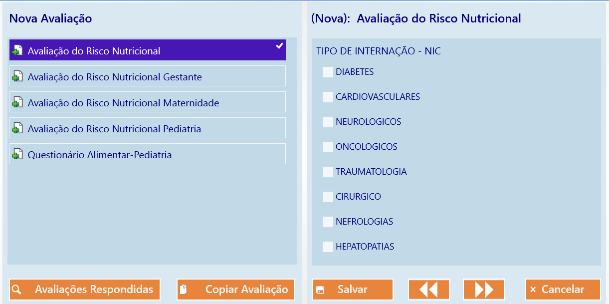 10 Nova Avaliação Ao selecionar uma das avaliações, aparecerá um painel com as questões da avaliação selecionada para serem respondidas: O usuário deve marcar as respostas clicando nos checkboxes.