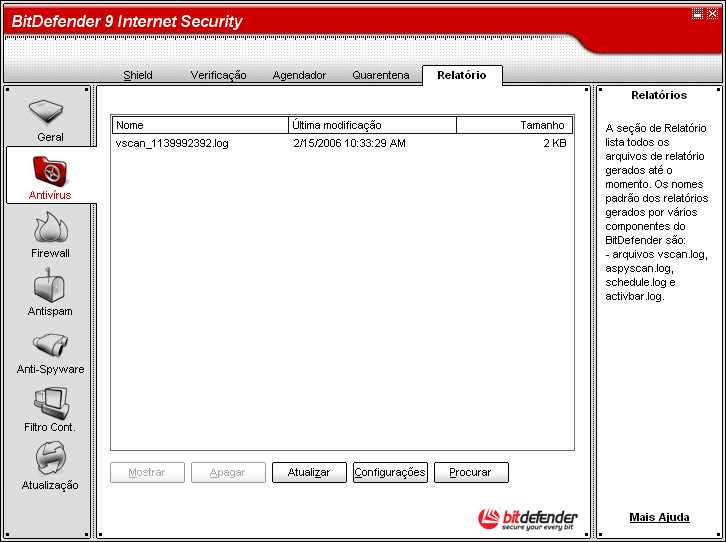 Módulo do Antivírus 07 Figura 7.22. Relatório A seção Relatório contém uma lista de relatórios que foram gerados até agora. Todo arquivo tem incluso seu nome, tamanho e a data da última modificação.
