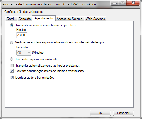 4.3.3 Agendamento: Opções para agendamento de horário em que deverá ocorrer automaticamente a geração e transmissão dos arquivos, configuração para envio manual, entre outros parâmetros opcionais. 4.