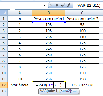 A partir deste ponto iremos mostrar apenas os comandos para os cálculos dos parâmetros estatísticos (variância, desvio padrão, erro padrão da