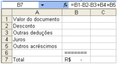 12. A figura a seguir foi extraída de uma planilha do MS-Excel. Ela representa o cálculo de um boleto bancário, onde o usuário deve lançar os valores corretamente para obter o valor a pagar.